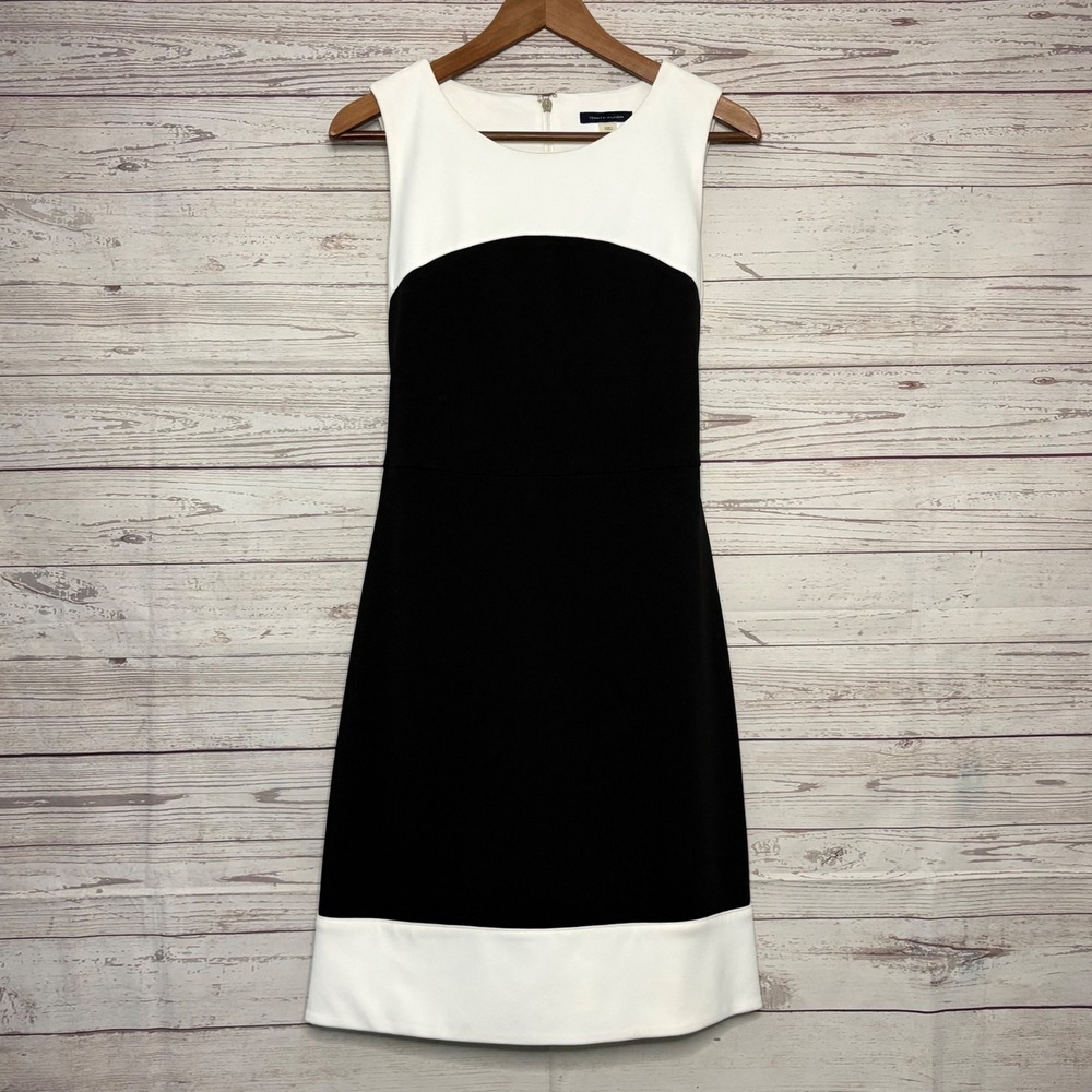 Tommy Hilfiger Black White Colorblock Sleeveless Sheath Dress Size 10 Tie Back